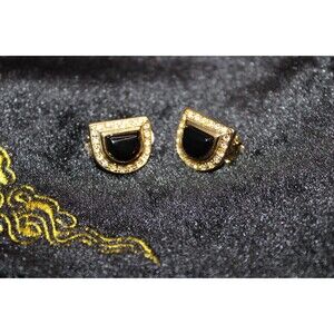 Vintage Clip On half oval Black Stone eneveloped in Gold tone and crystals